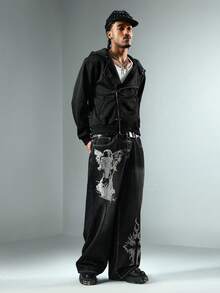 ROMWE MEN Goth Men's Casual Versatile Airplane Buckle Zipper Hoodie - Black - View 7