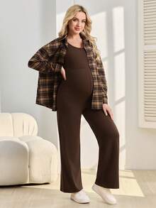 SHEIN 2pcs Maternity Set: Long Sleeve Button-Up Shirt And Jumpsuit Overalls, Casual