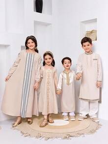 SHEIN 男童休闲日常舒适圆领半开襟长款纯色衬衫 - 杏色 - 查看 5