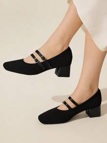 CUCCOO BASICS 女士方头搭扣设计时尚日常穿搭粗跟高跟鞋 - 黑色 - 查看 2