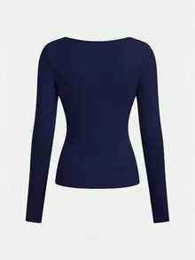 Girlism 3件套少女圆领长袖纯色百搭修身针织T恤，秋冬季 - 藏蓝色 - 查看 5