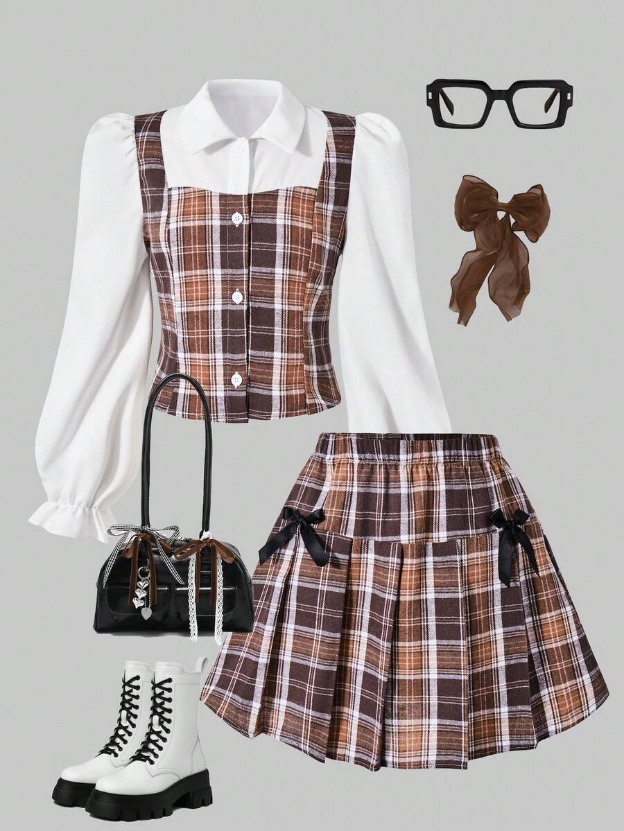 Teen Girls Plaid Collar Puff Sleeve Cardigan Top Paired With Elastic Waist Pleated Skirt, Preppy Style, Suitable For Spring, Autumn, Winter