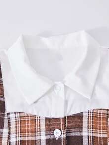 Teen Girls Plaid Collar Puff Sleeve Cardigan Top Paired With Elastic Waist Pleated Skirt, Preppy Style, Suitable For Spring, Autumn, Winter