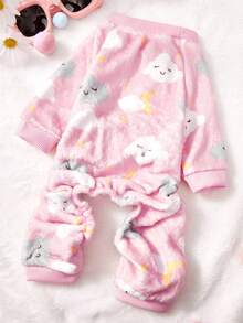 PETSIN 1pc Black And White Cloud Star Print Flannel Pet Jumpsuit Pink Casual Style Autumn And Winter Thick Warm Pet Clothing - Pink - View 1