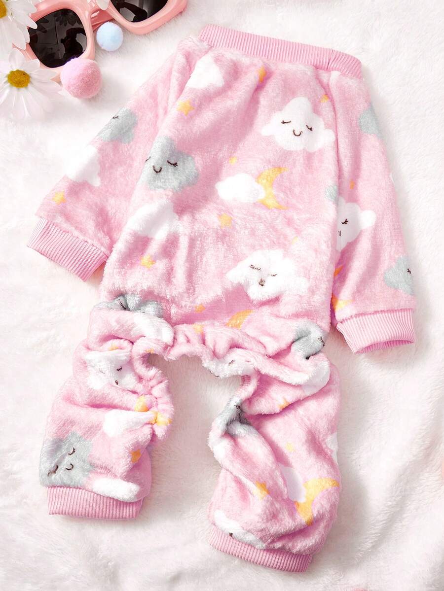 PETSIN 1pc Black And White Cloud Star Print Flannel Pet Jumpsuit Pink Casual Style Autumn And Winter Thick Warm Pet Clothing - Pink - View 1