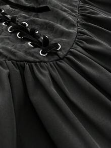 Coolane Women's Fall/Winter All-Season Y2K Goth Chic Rave Outfit Lace Stretchy Comfortable Halloween Outfits Long Sleeve Straps Waist-Cinched Black Midi Dress - Black - View 6