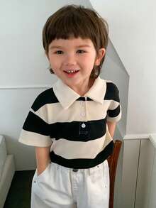 DAZY Toddler Boys' Striped Short Sleeve Polo Shirt - Black and White - View 3