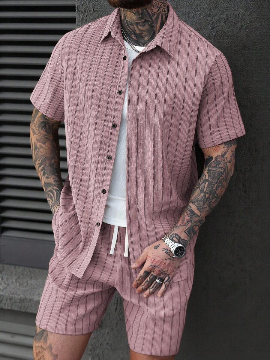 SLATEMANN Men's Front Button Striped Short Sleeve Casual Shirt Set, Summer - Pink - View 1