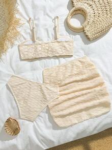 Ensemble de bikini à bretelles fines avec jupe, décor métallique en forme d'étoile de mer, couleur unie, pour les jeunes filles en été - Nude - Voir 2