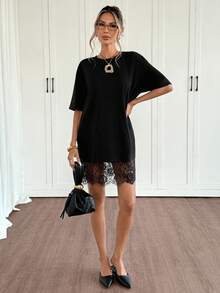 Siren Gaze 女士时尚纯色蕾丝边迷你连衣裙 - 黑色 - 查看 5