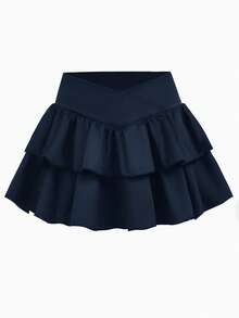 Girlism 少女休闲、运动、上学、返校季短裤搭配荷叶边裙摆半身裙，交叉腰线设计半身裙，春夏藏蓝色短裙 - 藏蓝色 - 查看 4