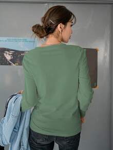 DAZY Áo thun dài tay cổ tròn raglan màu trơn, dáng rộng, phong cách tối giản thường ngày. - màu xanh lá - Xem 3