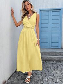 Vivid Eden Women's Vacation Casual Solid Color V-Neck Sleeveless Dress Women Vacation Dress - Pale Yellow - View 5