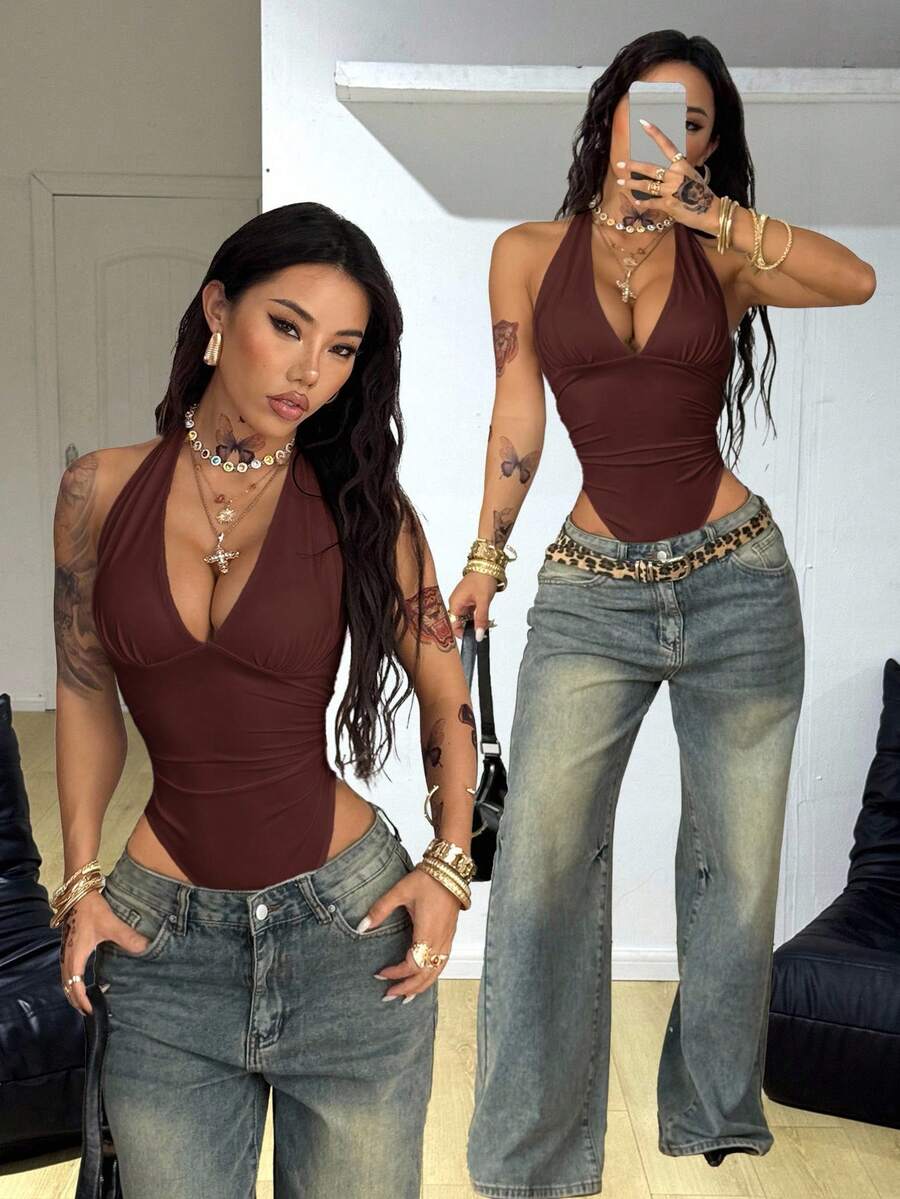 Coolane Women's Spring/Summer  Concert Outfit Rave Outfit Festival Going Out Y2K Sexy Beach Outfits  Tropical Vacation Dark Brown  V-Neck Jumpsuits - Coffee Brown - View 1