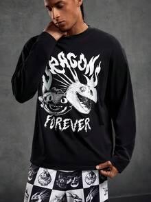 SHEIN How to Train Your Dragon Men's Western Dragon & Letter Print Long Sleeve Top And Pants Loose Fit Loungewear Set, Spring/Autumn - Black - View 5
