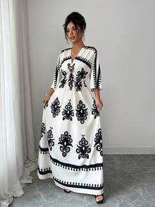 Elenzga Đầm dáng chữ A in họa tiết cổ chữ V, tay lửng, eo nhún bèo kiểu Bohemian dành cho nữ. - Màu be - Xem 5