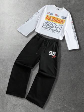 Set di maglia a girocollo con stampa e pantaloni della tuta da uomo