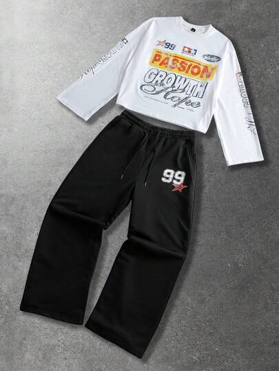Herren Set aus bedrucktem Rundhals-Langarmoberteil und Jogginghose