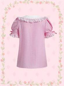 Strawberry Shortcake | ROMWE Women Strawberry Embroidered Contrast Peter-Pan Collar Kawaii Gingham Print Puff Sleeve Shirt - Pink - View 2