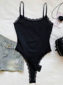 SHEIN EZwear Women's Lace Trimmed Spaghetti Strap Bodysuit