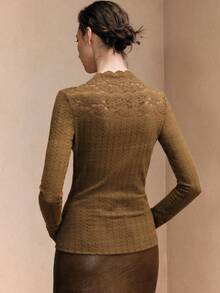 Arave Women's High-Elastic Velvet Lace Knit Fabric, Fitted Design With Structured Shoulders, Hand-Beaded Lace Trim, Elegant Date Top Elegant Fitted Round Neck Lace Long Sleeve Women T-Shirt Blouses For Women Party  Valentine's Day - Mustard Yellow - View 4