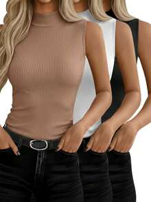 3pcs Women's Crew Neck Solid Ribbed Casual Commuter Tops - Multicolor - View 1