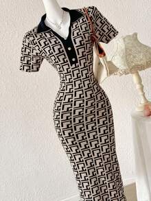 Modelyn 女士优雅撞色V领短袖修身针织连衣裙，适合工作和通勤穿着。 - 黑色 - 查看 6