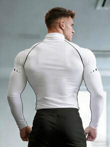 GymBeat 男士撞色滚边修身长袖运动T恤 健身服 男士健身服 男士高领压缩衣 压缩衣 健身长袖上衣 男士压缩衣 - 白色 - 查看 2