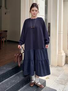 Dazy Plus Fashionable Solid Color Patchwork Tiered A-Line Skirt Knitted Casual Plus Size Women Crew Neck Long Sweatshirt Dress Sundress - Navy Blue - View 2