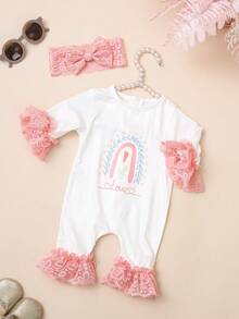 SHEIN 2件套新生女婴摄影服装，彩虹印花蕾丝边连体衣配同款蝴蝶结发带，新生儿回家服 - 彩色 - 查看 7