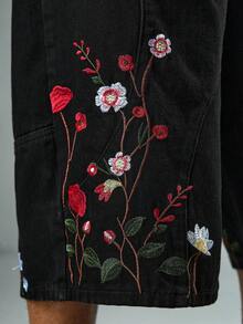 ROMWE MEN Street Life Men's Embroidered Floral 3/4 Denim Shorts - Black - View 2