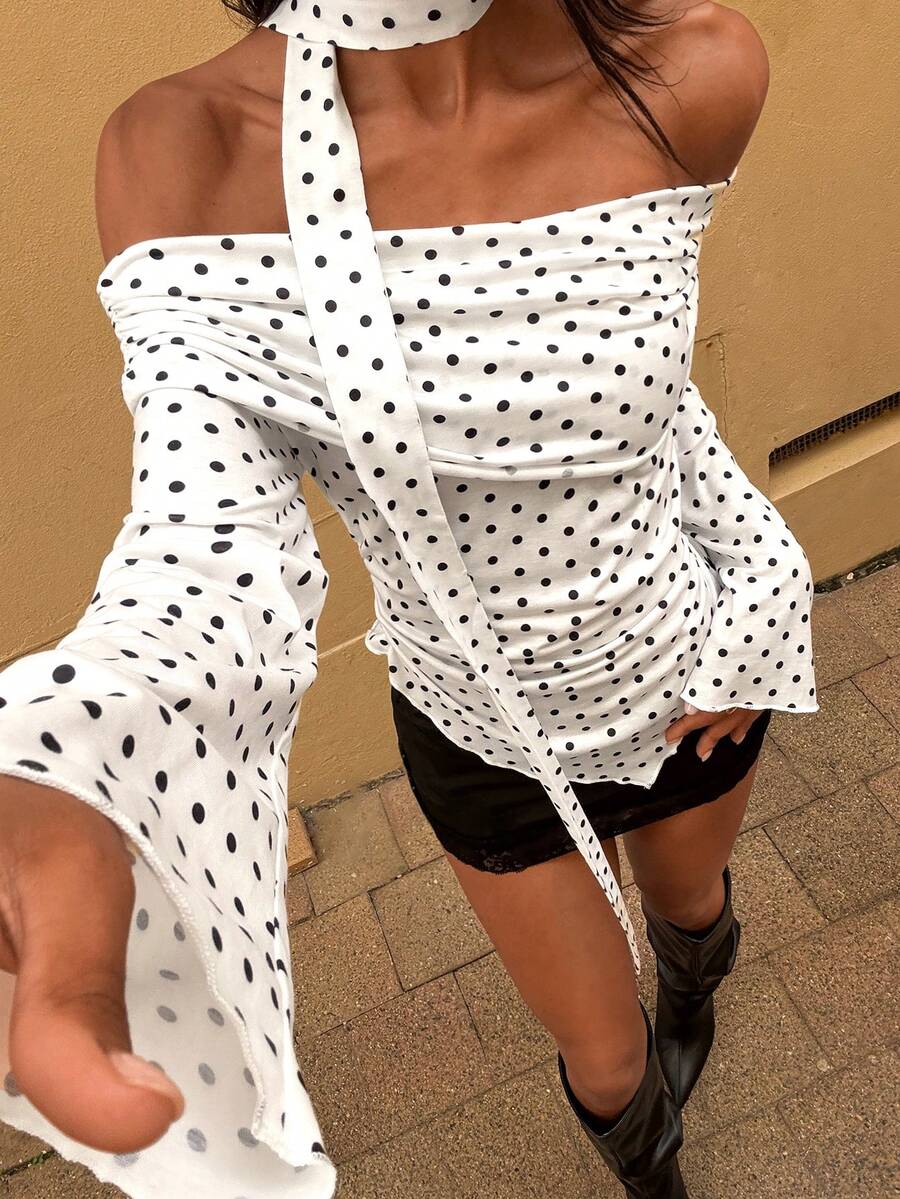 Opulessa Women's Polka Dot Off-Shoulder Asymmetrical Hem Fashionable Versatile Bell Sleeve Top, Spring Break Outfits, Summer Outfits, Valentine's Day, Beach Top, Elegant Wedding Guest Top, Birthday Dress, Casual Dresses, Vacation Outfits, Going Out Top, Spring To Summer, Carnival Costume, Elegant Top For Party, Beach Outfit, Wedding Guest Top, Summer Vacation Outfits, Casual Top - White - View 1