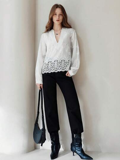 Frievida Intricate Hollow Crochet Embroidered Fabric Deep V-Neck Long Sleeve Blouse