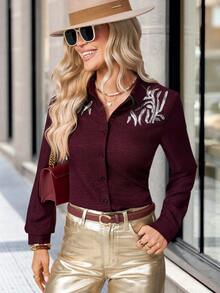 Solivie 女士休闲度假风亮片拼接长袖衬衫，春秋季 - 酒紅色 - 查看 8