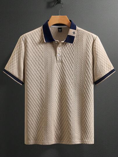 EGENSIO 男士纹理拼接领半开襟常规版型短袖休闲杏色 Polo 衫