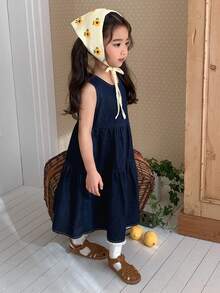 DAZY Young Girl' Round Neck Washed Denim Casual Summer Dress - Dark Wash - View 4