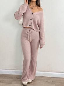 SHEIN EZwear Conjunto de 2 piezas de mujer con cárdigan ancho de tiras sólido y pantalones acampanados con cordón en la cintura para otoño/invierno - Rosa vieja - Ver 5
