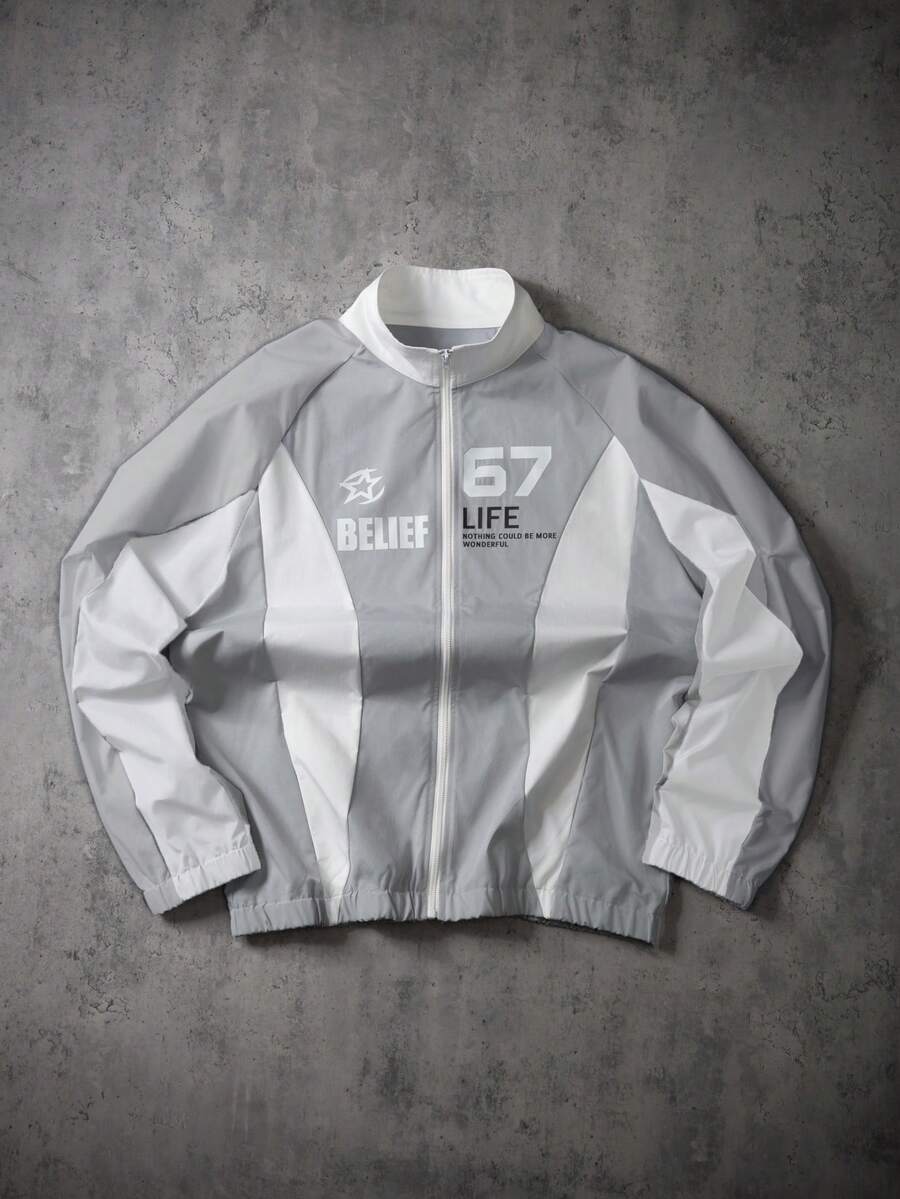 Manfinity EMRG 男士夹克，翻领，拉链前襟，灰白撞色，春秋季休闲穿着，通勤，约会，摄影 - 灰色 - 查看 1