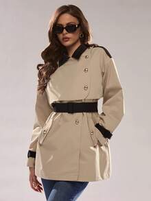 Glamine Contrast Color Decor Vintage Casual Daily Wear Women Trench Coat Work - Khaki - View 5