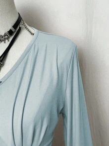 EgrlEra 女士纯色简约收腰长袖T恤，日常穿着 - 淺藍色 - 查看 3