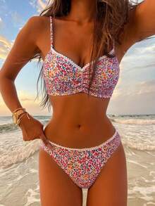 SHEIN Swim Bộ bikini dây mảnh họa tiết hoa nhỏ xinh dành cho nữ đi biển/mùa hè, họa tiết ngẫu nhiên - Nhiều màu - Xem 4