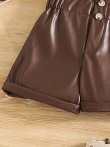 SHEIN Shorts décontractés taille haute à volants en PU pour filles, polyvalents pour l'été, les activités extérieures et toutes les occasions, classiques et polyvalents - Tabac - Voir 5