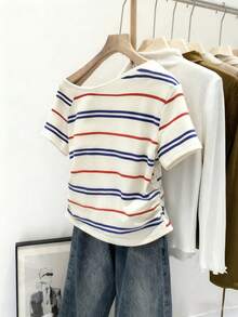 Resyla Women's Striped Round Neck Short Sleeve Casual Pleated T-Shirt - Multicolor - View 2