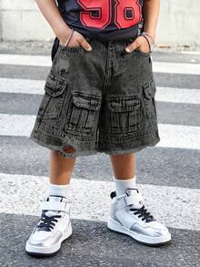 SHEIN Young Boy Street Cool Distressed Vintage Washed Multiple Pockets Ripped Frayed Loose Fit Wide Legs Denim Cargo Shorts,Spring/Summer Streetwear - Black - View 4