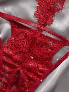 SHEIN Eyelash Lace Cut-Out Bow Front Teddy Bodysuit Lingerie Bow Tie - Burgundy - View 5