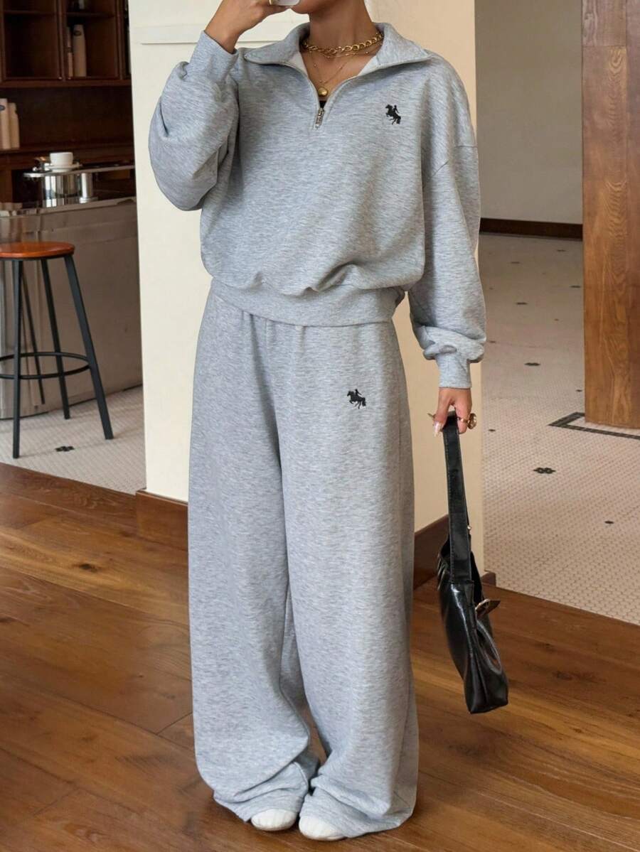 SHEIN EZwear New Autumn Clothes Old Moeny  Light Grey Embroidered Half-Zip Turtleneck Long Sleeve Sweatshirt And Sweatpants Set Grey Sweats Grey 2 Piece Set - Light Grey - View 1