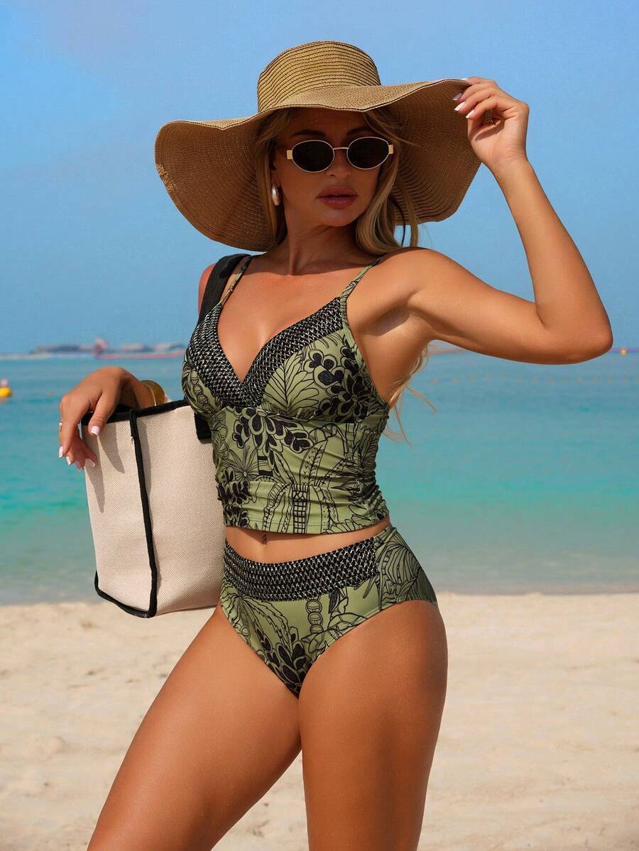 Swim Lushoire Damen Elegant Minimalistisch Schwarze Linie Tropische Pflanze Muster Spaghetti-Träger V-Ausschnitt Badeanzug Top mit gewebtem Bandabschluss, Elegant Vintage Resort Basic Passende Schwarze & Silberne Gewebte Band Hohe Taille Bikini Hose Zwei-Teiler Badeanzug Set, Elastisches Hautfreundliches Nicht-Einengend Material, Sexy Reife Passend für Resort (Geeignet für Frühjahrsferien, Schulanfang, Feiertage, Frühjahrs-, Strandurlaub)