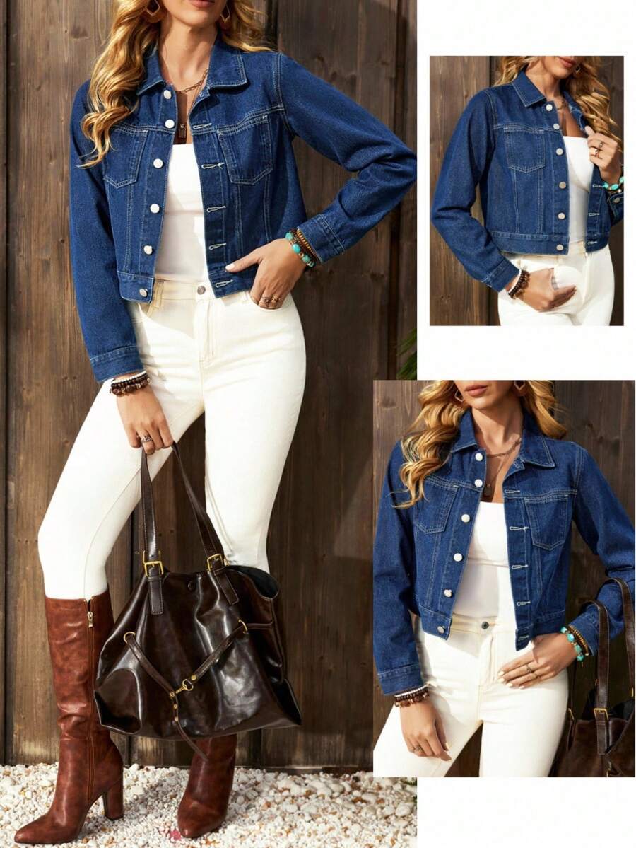 EMERY ROSE Women's Casual Daily Commute Fashion Street Patchwork Pocket Single-Breasted Cropped Denim Jacket, Spring/Autumn Winter New Year - Dark Wash - View 1