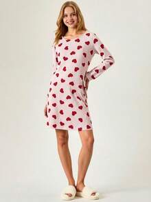 EURMUSE Women Striped With Contrast Colour Heart Pattern Long Sleeve Homewear Sleep Dreess - Pink - View 4