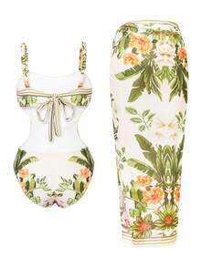 Swim Oasis 2件套女士秋季新款定位印花可拆卸宽肩带连体泳衣，带网纱裙摆，性感优雅度假风简约派对圣诞连体泳衣 - 彩色 - 查看 2